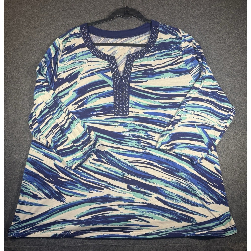 Croft & Barrow Embellished Split-Neck 3/4 Sleeve Pullover Top Blue Swirl Print
